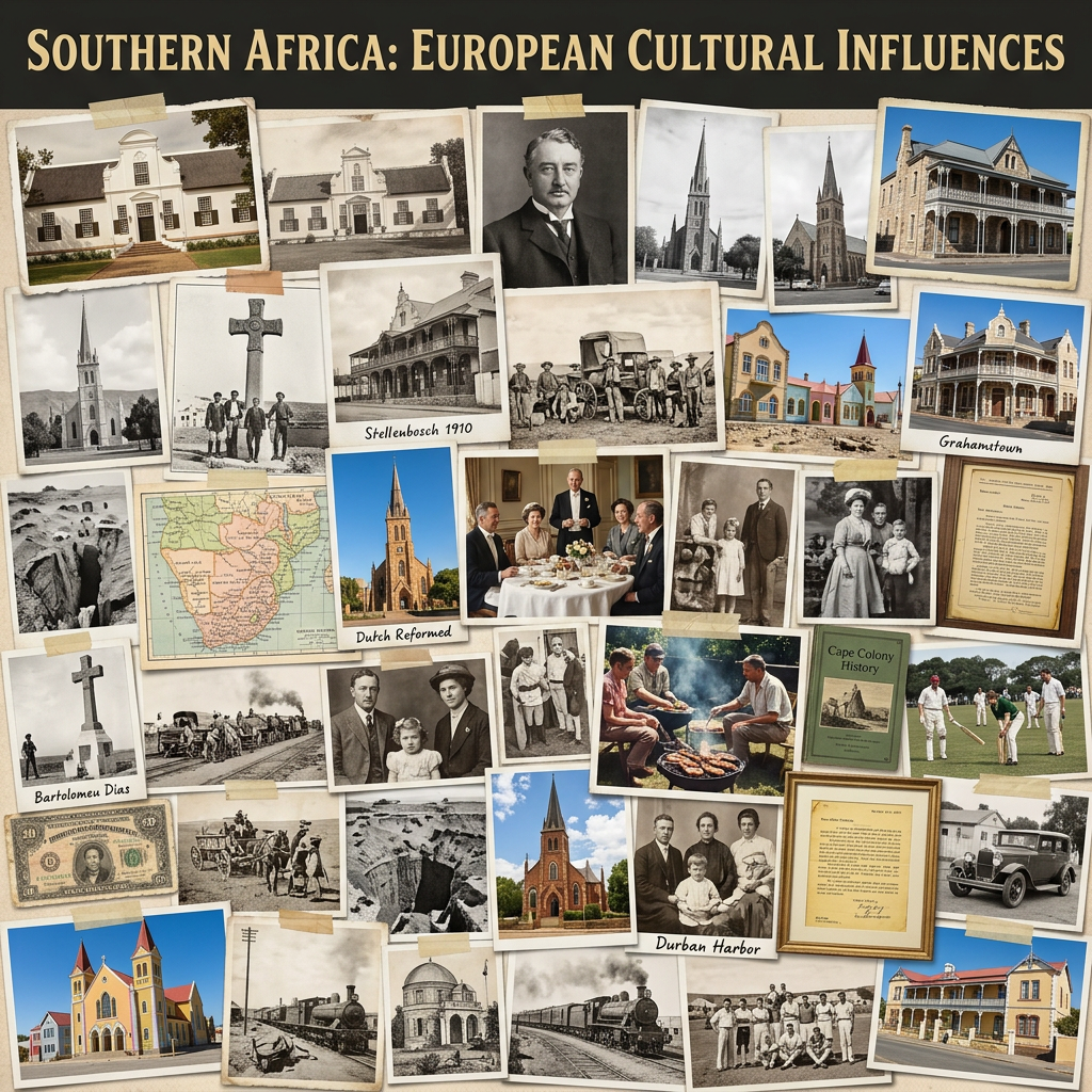 Collage of historic photos and color images showing European churches, colonial buildings, people, maps, and cultural activities in Southern Africa